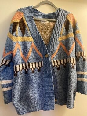 Pastel Blue Geometric Knit Cardigan Sweater